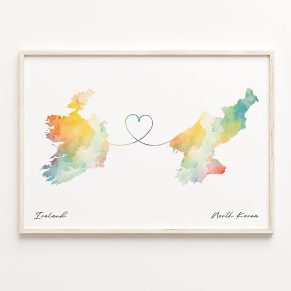 Ireland To North Korea Watercolor Map Heart Line Gift Poster