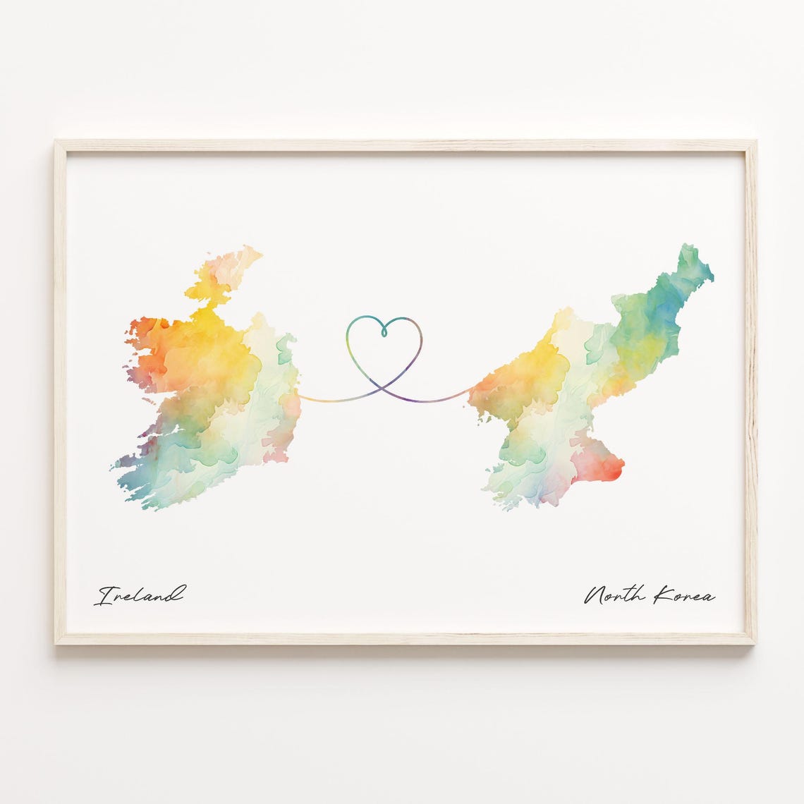 Ireland To North Korea Watercolor Map Heart Line Gift Poster