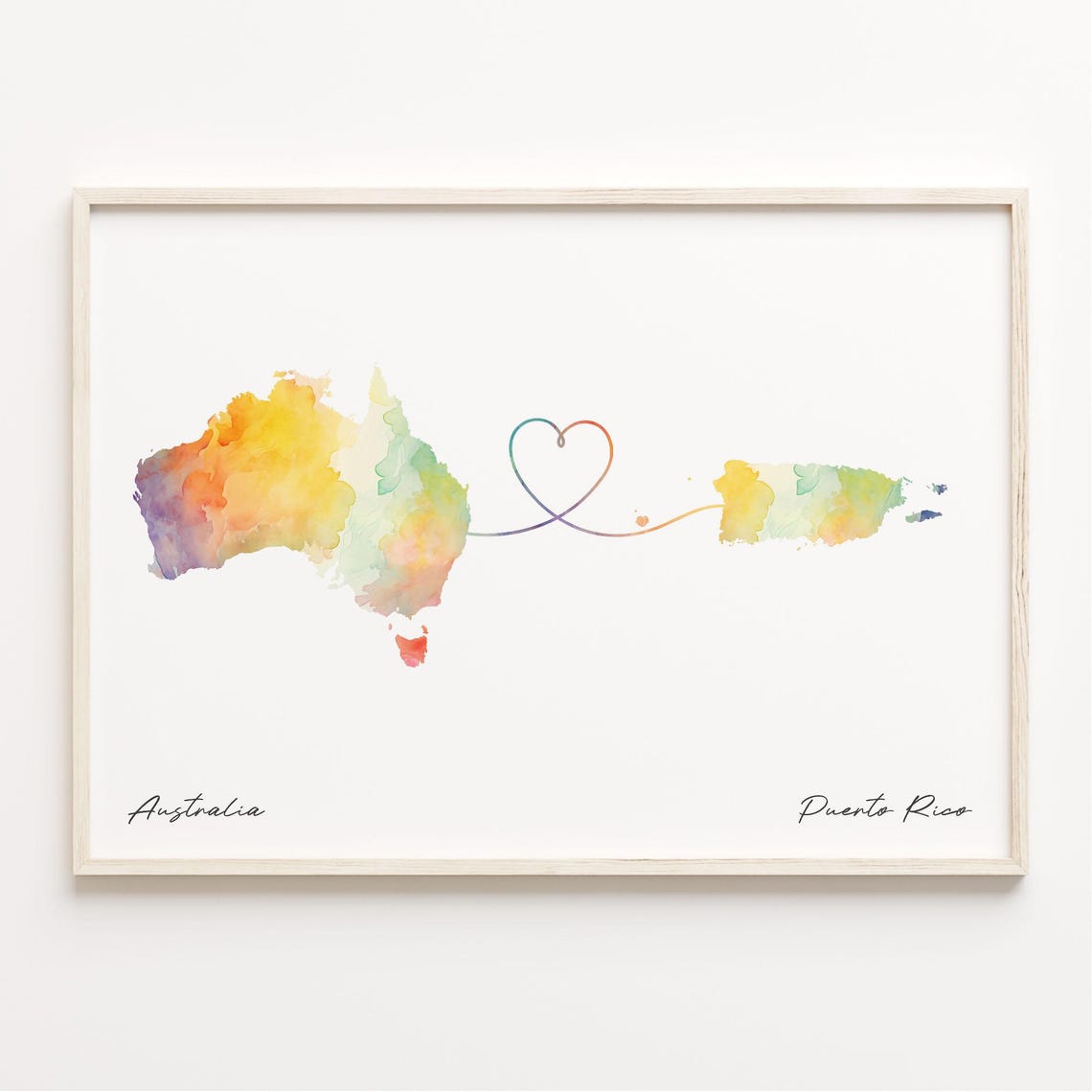 Australia To Puerto Rico Watercolor Map Heart Connection Poster