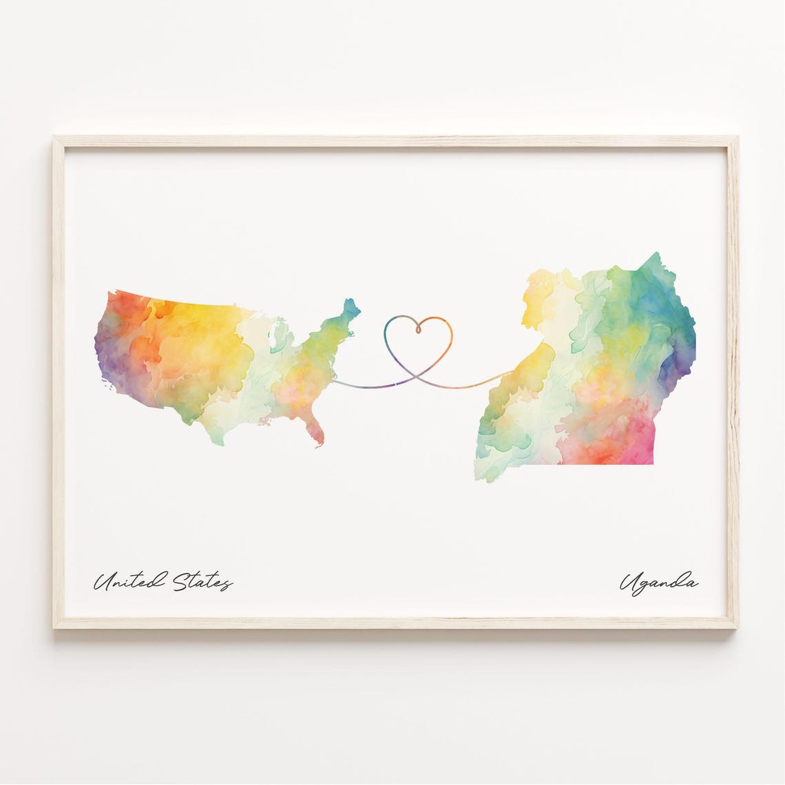 United States To Uganda Watercolor Map Heart Line Connection Poster