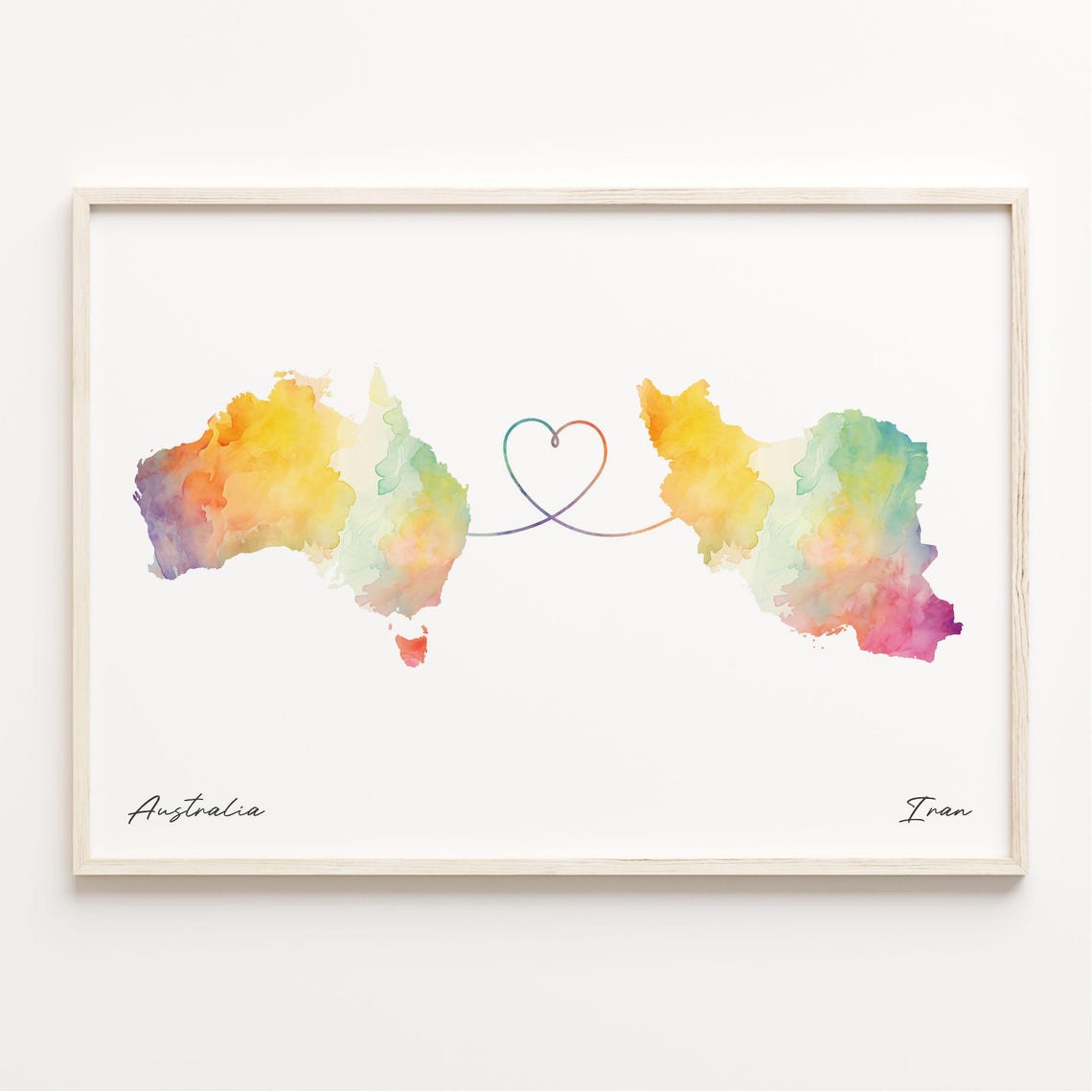 Australia To Iran Watercolor Heart Map Long Distance Love Wall Art
