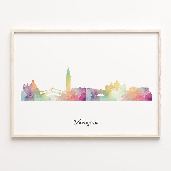 Venezia Italy Watercolor Skyline Silhouette Romantic Travel Poster