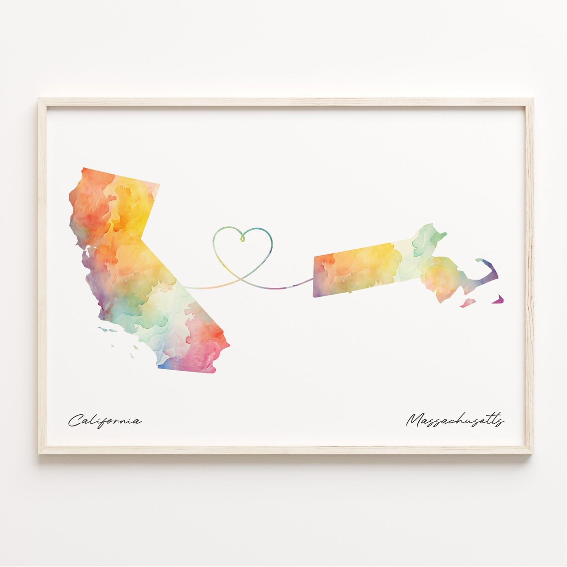 California To Massachusetts Watercolor Heart Map Connection Poster