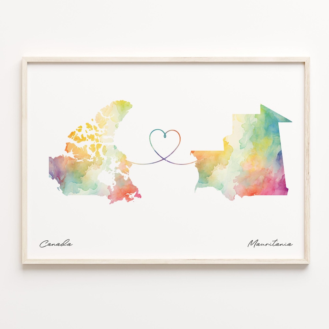 Canada To Mauritania Watercolor Heart Map Long Distance Gift Poster