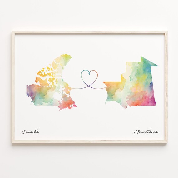 Canada To Mauritania Watercolor Heart Map Long Distance Gift Poster