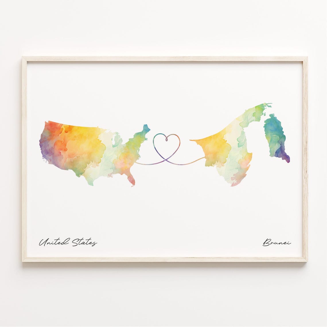 United States Brunei Heart Watercolor Long Distance Map Poster