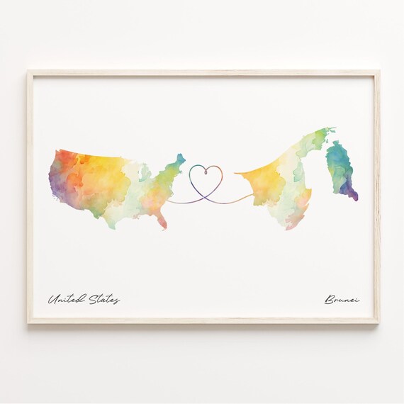 United States Brunei Heart Watercolor Long Distance Map Poster