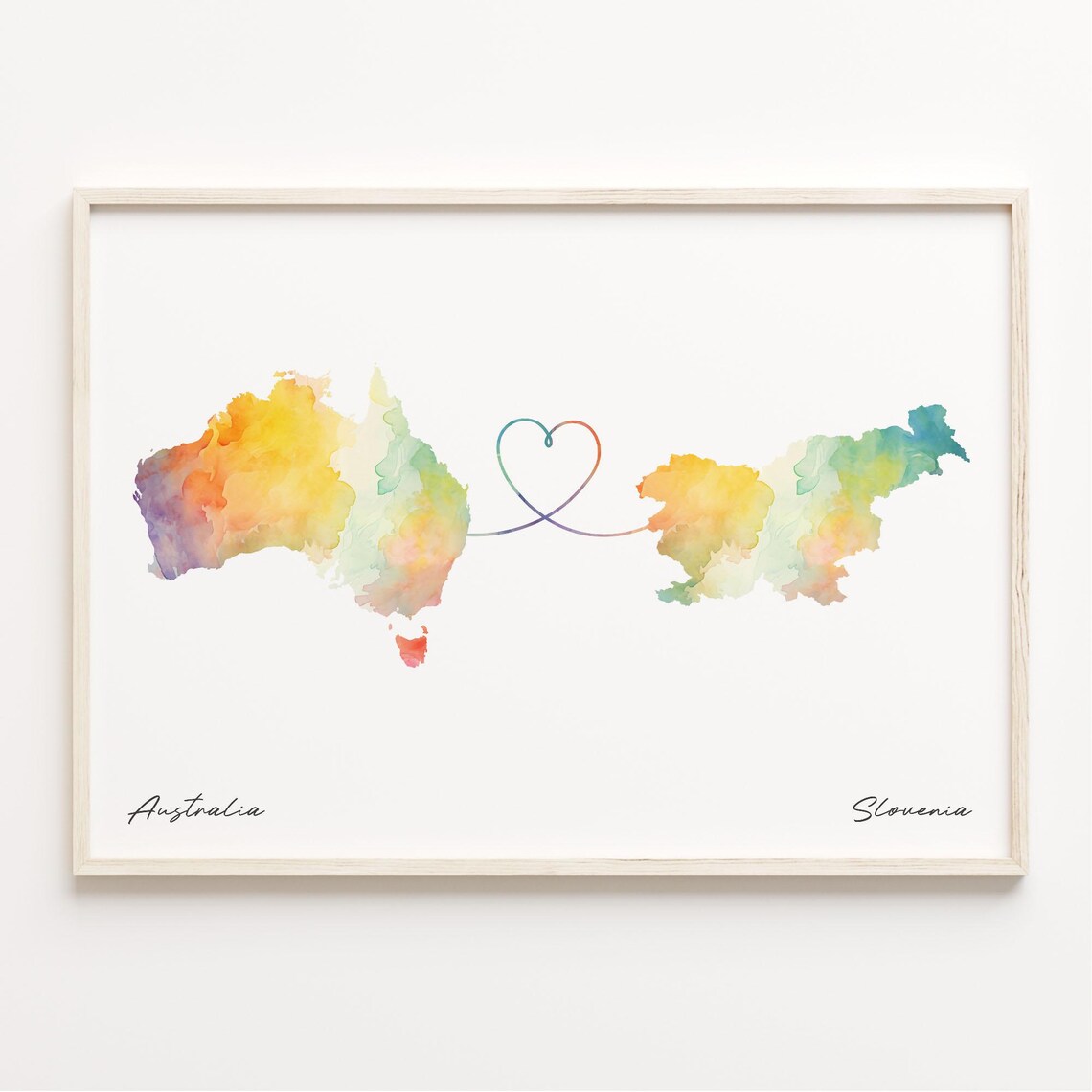 Australia to Slovenia Love Heart Watercolor Map Long Distance Poster
