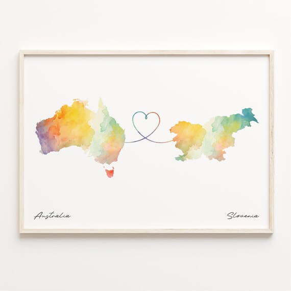 Australia to Slovenia Love Heart Watercolor Map Long Distance Poster