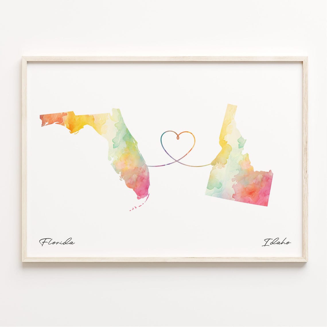 Florida To Idaho Watercolor Map Heart Connection Poster Gift