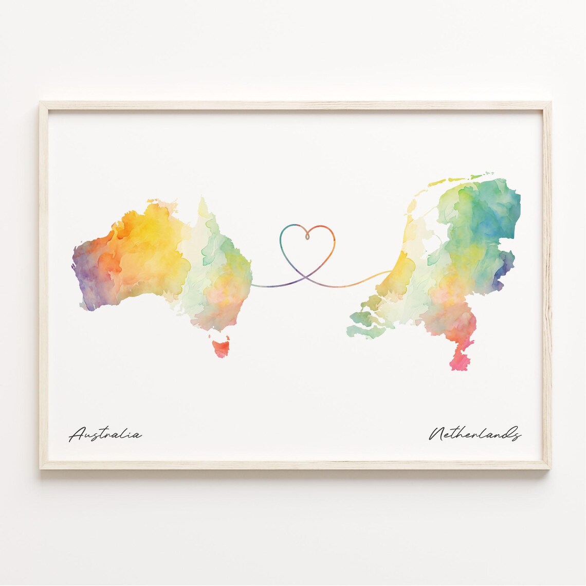 Australia To Netherlands Watercolor Heart Map Long Distance Love Poster