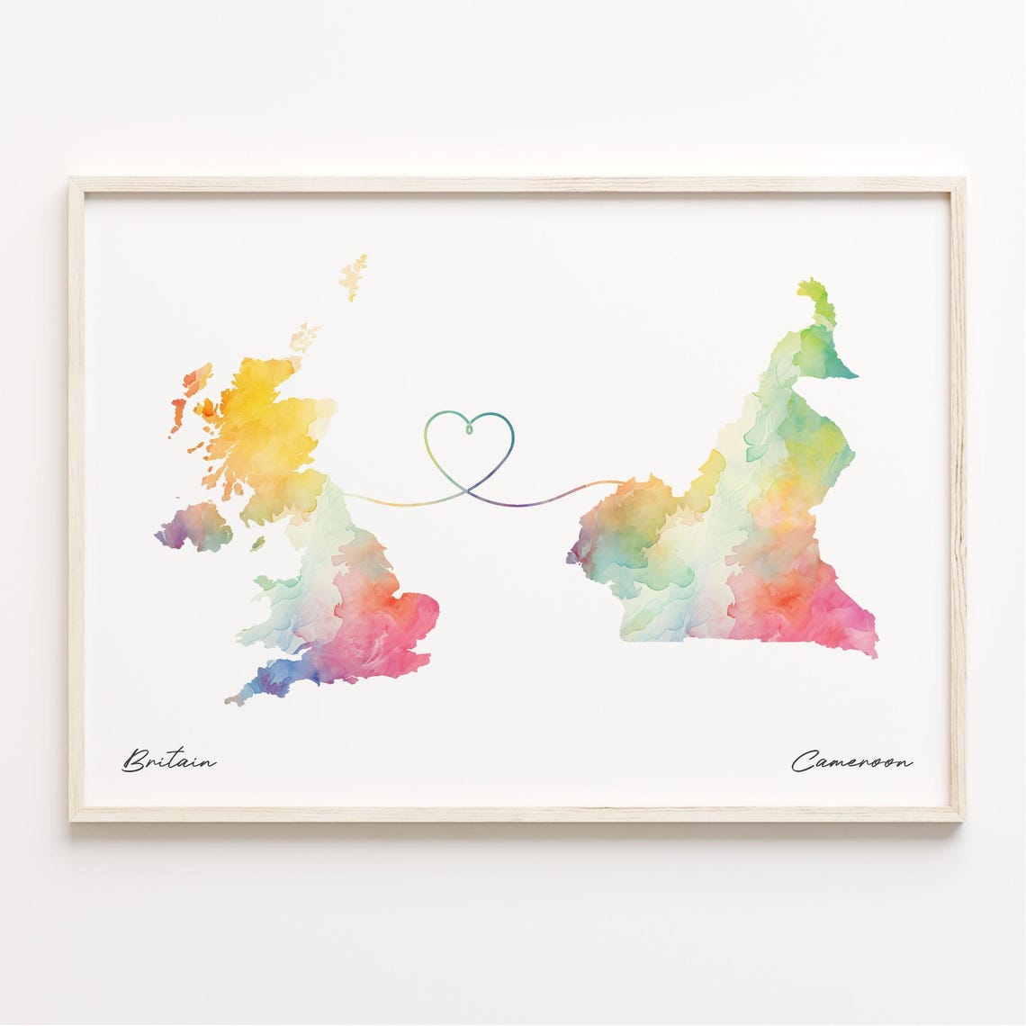Britain To Cameroon Watercolor Map Heart Connection Love Print