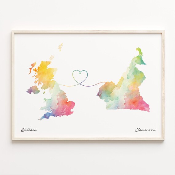 Britain To Cameroon Watercolor Map Heart Connection Love Print
