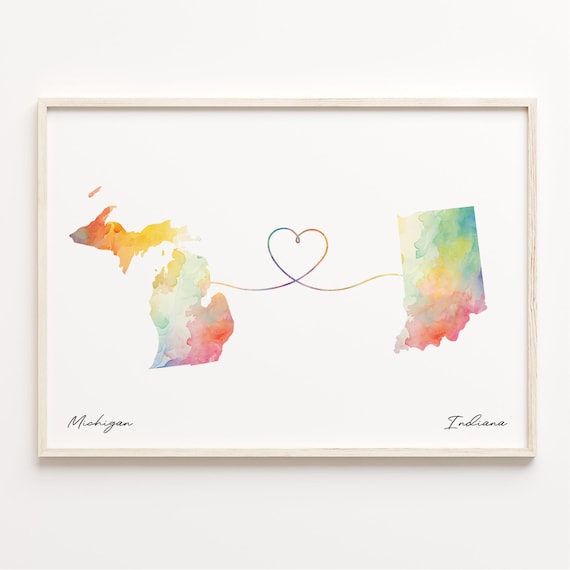 Michigan to Indiana Watercolor State Map Heart Gift Art Poster