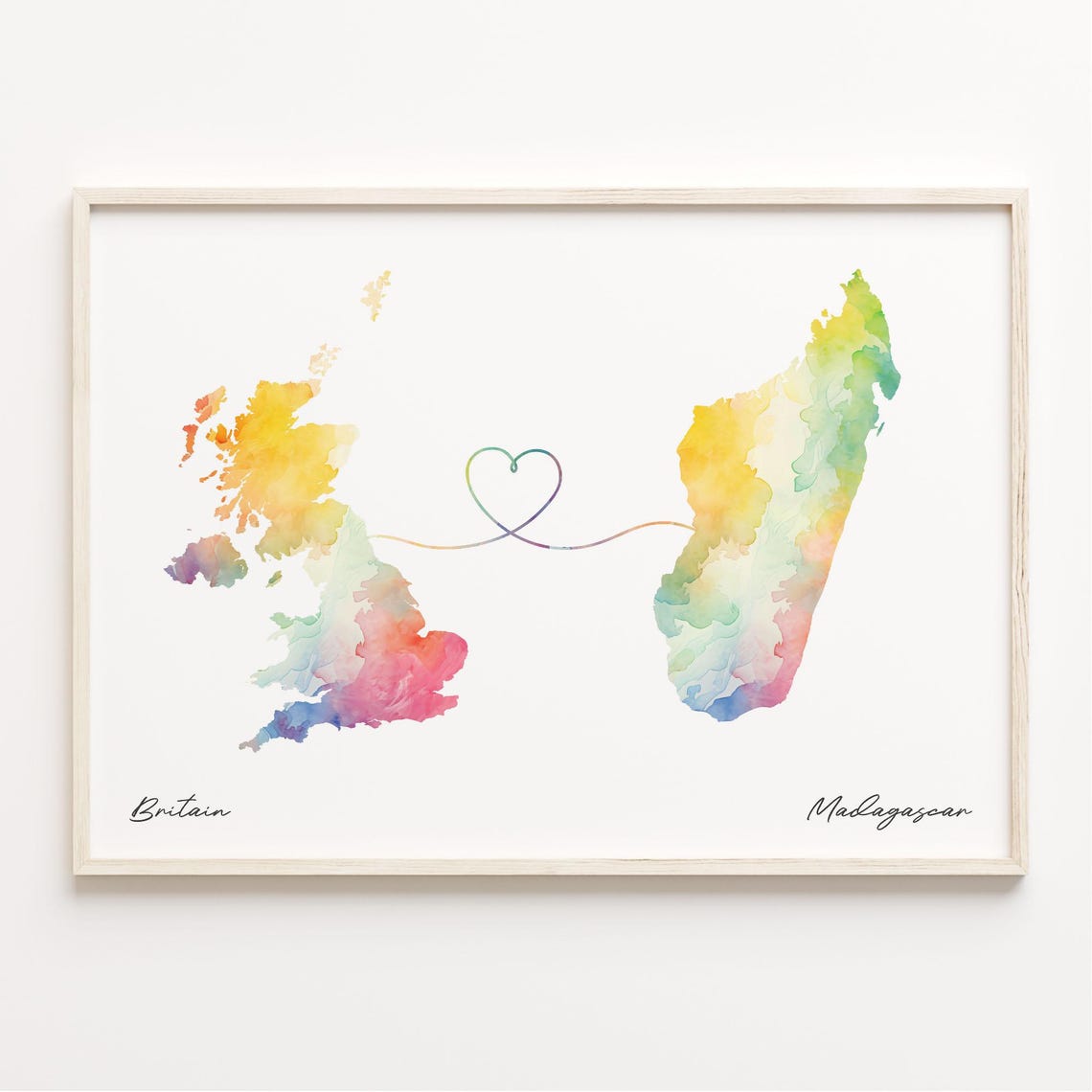 Britain To Madagascar Watercolor Map Heart Love Connection Print
