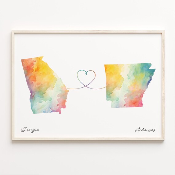 Georgia to Arkansas Watercolor Map Heart Connection Travel Poster