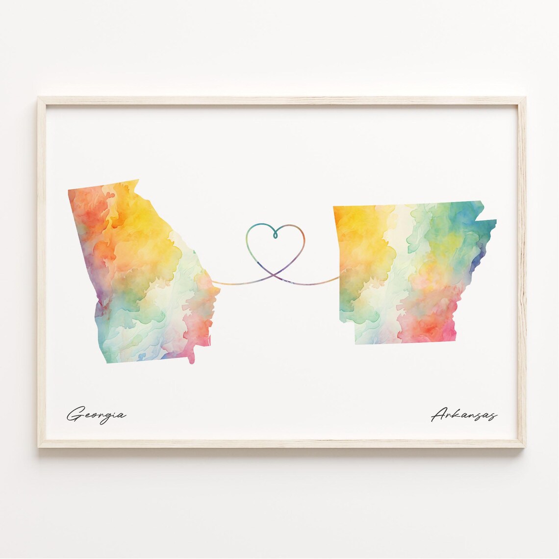 Georgia to Arkansas Watercolor Map Heart Connection Travel Poster