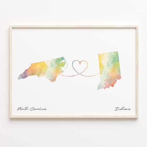 North Carolina to Indiana Watercolor Heart Map Connection Poster