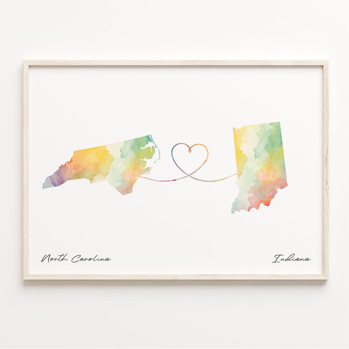 North Carolina to Indiana Watercolor Heart Map Connection Poster