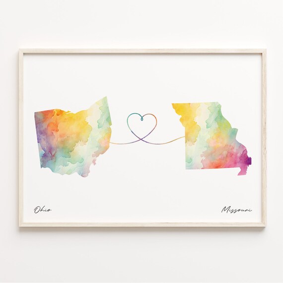 Ohio to Missouri Watercolor Map Heart Long Distance Gift Poster