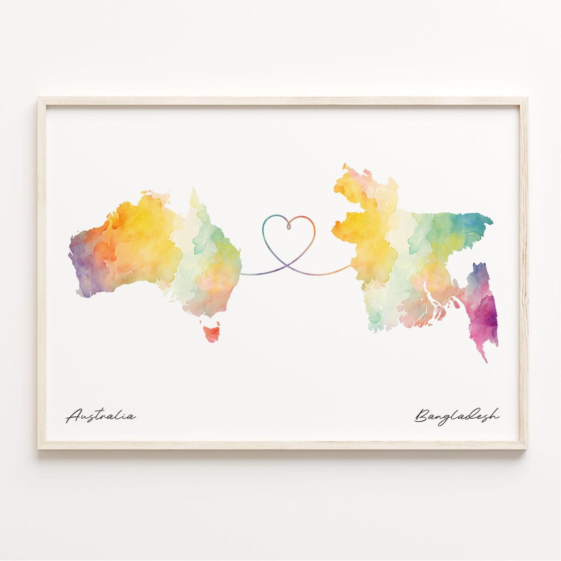 Australia to Bangladesh Watercolor Heart Connection Map Poster