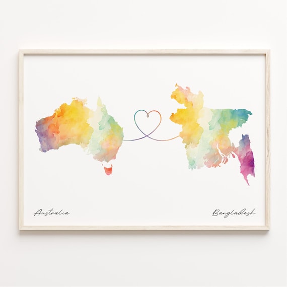 Australia to Bangladesh Watercolor Heart Connection Map Poster