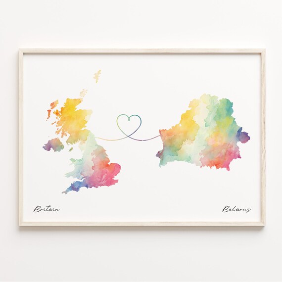 UK to Belarus Watercolor Heart Connection Long Distance Gift Poster