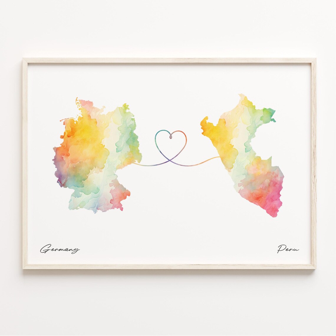 Germany to Peru Watercolor Map Long Distance Love Heart Print