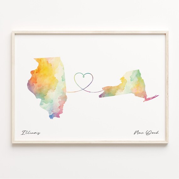 Illinois to New York Watercolor Heart Connection State Love Map Poster