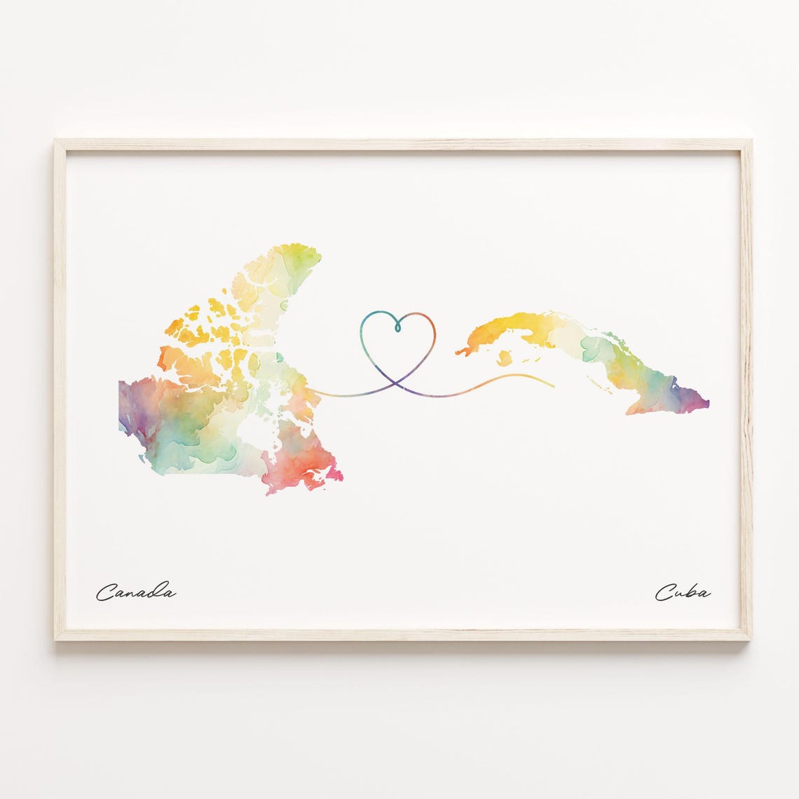 Canada and Cuba Watercolor Map Heart Connection Travel Poster
