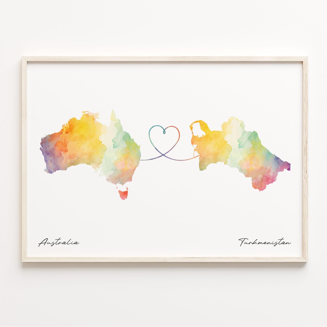 Australia to Turkmenistan Watercolor Map Heart Line Love Poster