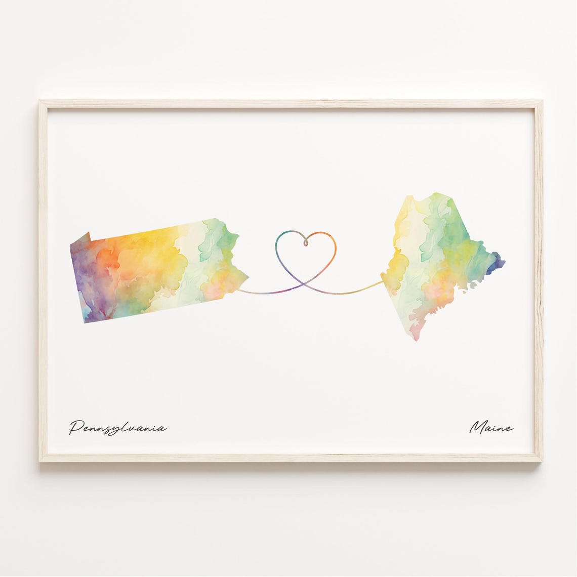 Pennsylvania to Maine Watercolor State Map Heart Connection Print