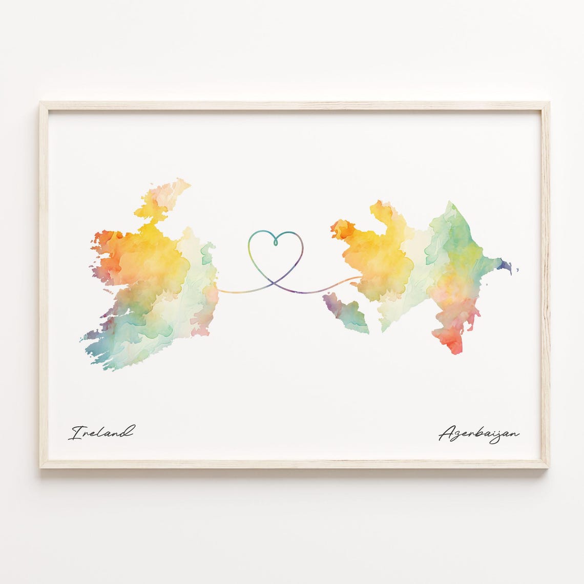 Ireland to Azerbaijan Watercolor Heart Map Love Connection Poster