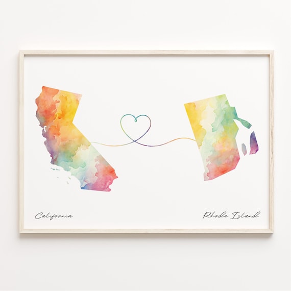 California to Rhode Island Watercolor Map Heart Distance Print