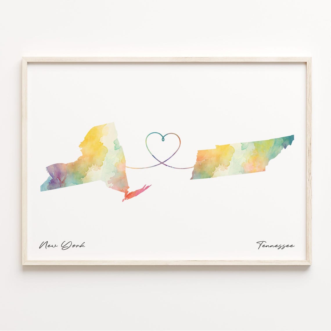 New York to Tennessee Watercolor Map Heart Connection Art Poster