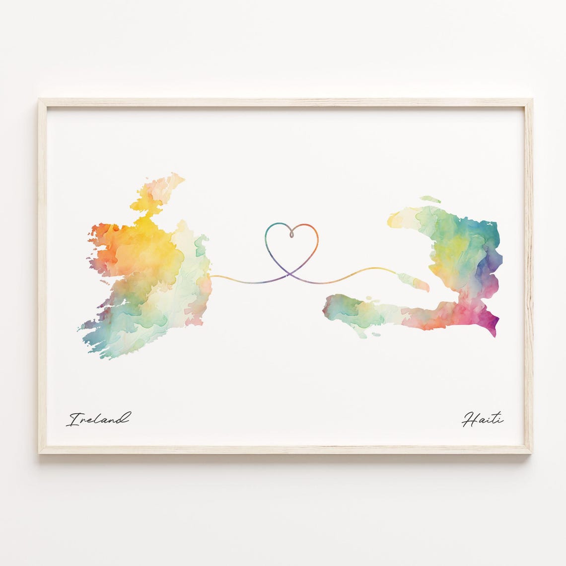 Ireland And Haiti Watercolor Map Joined By Heart Line Poster
