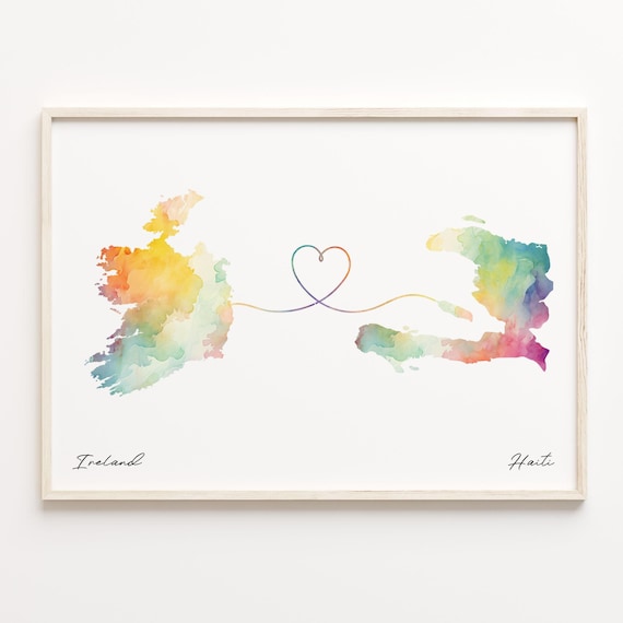 Ireland And Haiti Watercolor Map Joined By Heart Line Poster