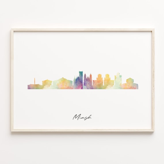 Minsk Belarus Vibrant Watercolor Script Skyline Cityscape Poster