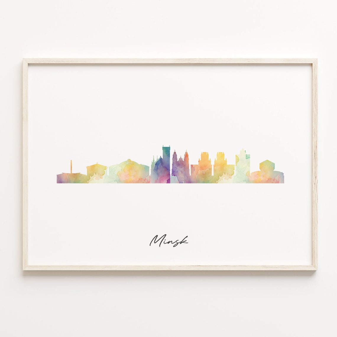 Minsk Belarus Vibrant Watercolor Script Skyline Cityscape Poster