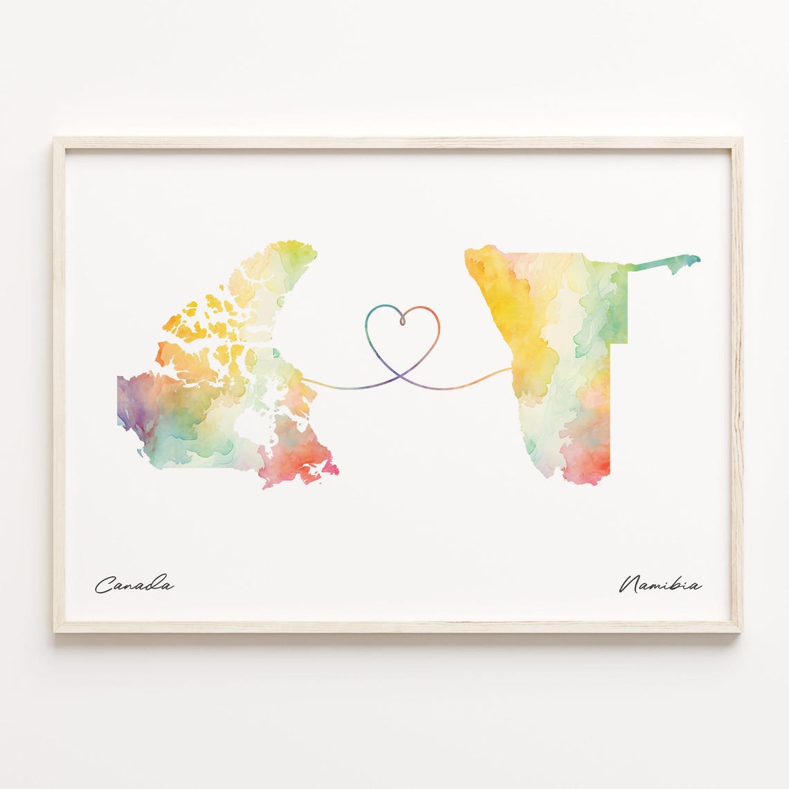 Canada To Namibia Watercolor Heart Map Long Distance Love Art Print