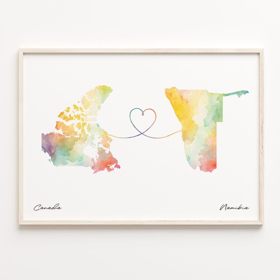 Canada To Namibia Watercolor Heart Map Long Distance Love Art Print