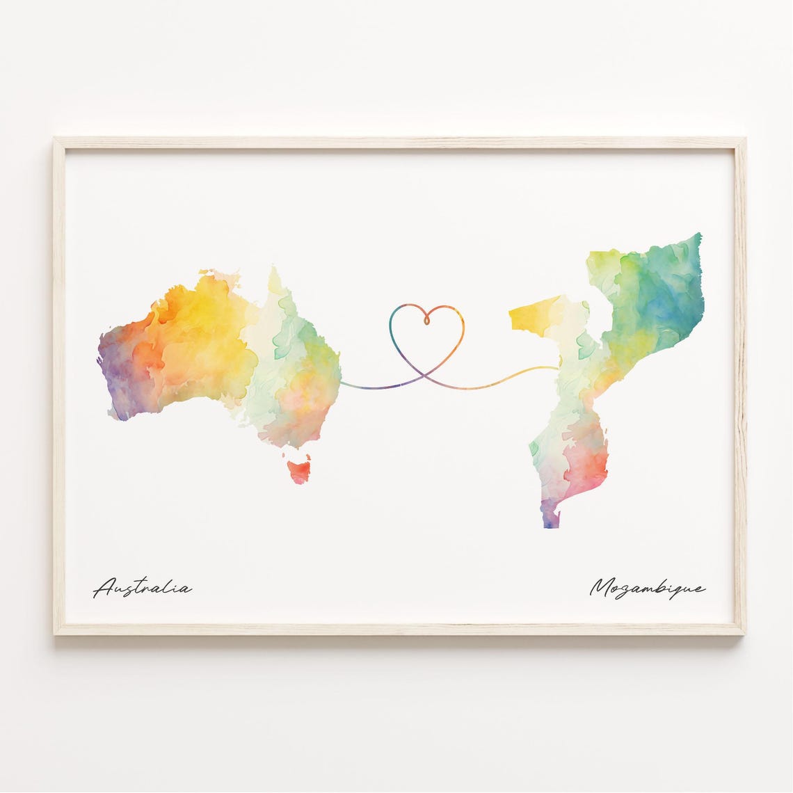 Australia to Mozambique Watercolor Map Heart Connection Art Poster