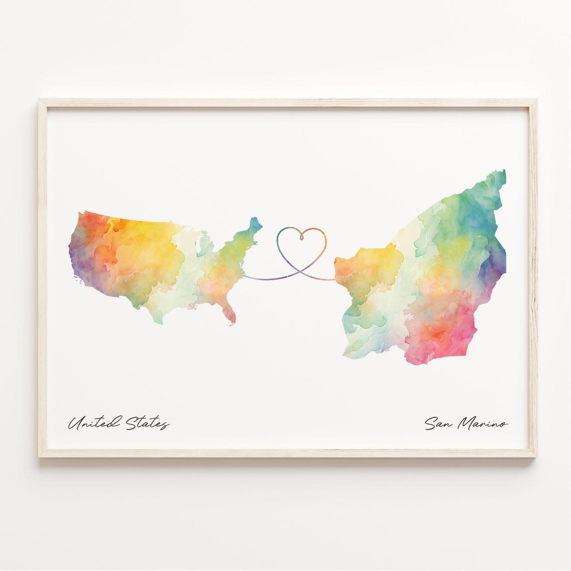 United States to San Marino Watercolor Map Heart Connection Poster
