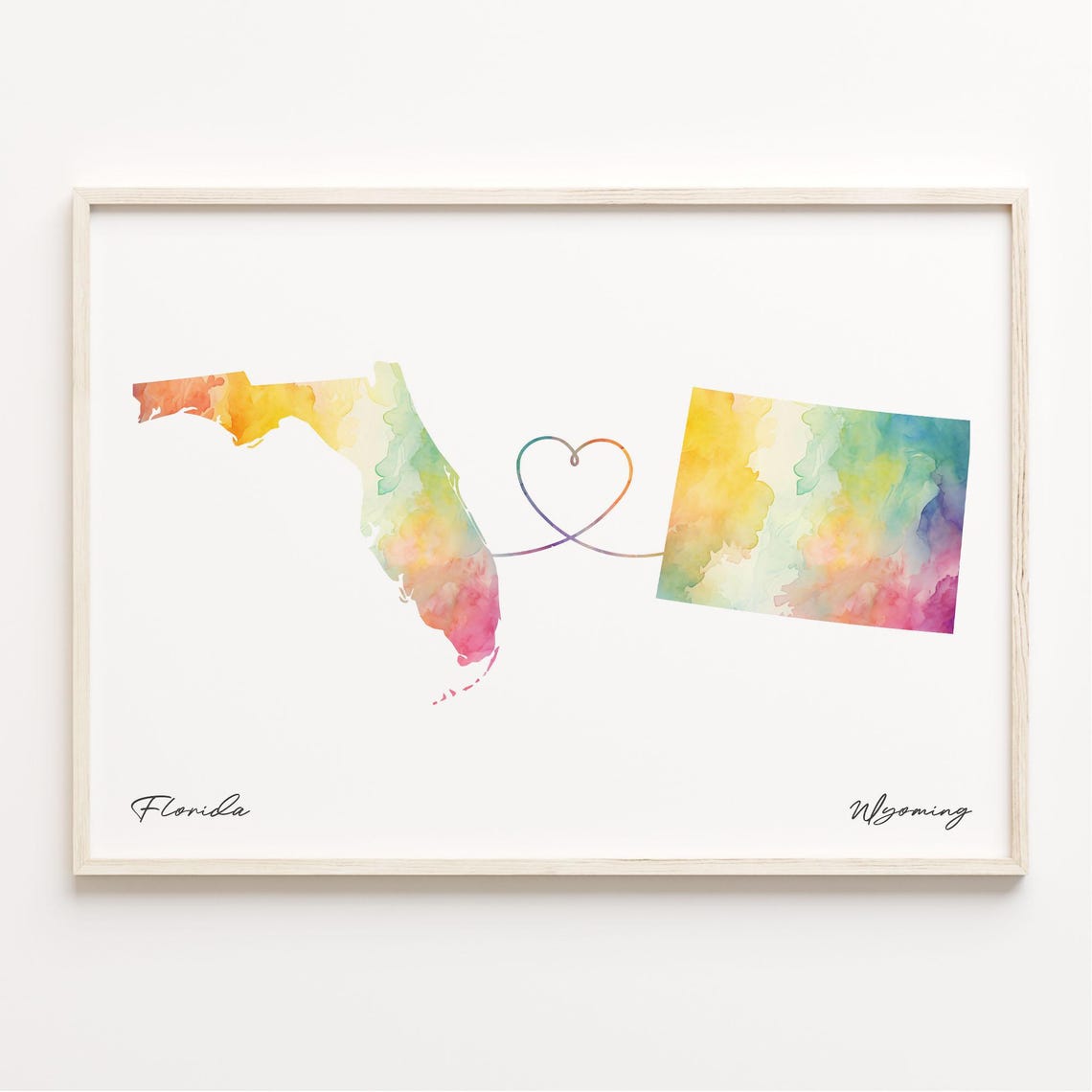 Florida to Wyoming Heart Line Watercolor US State Map Poster