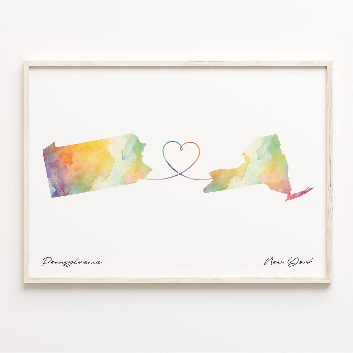 Pennsylvania New York Watercolor State Map Heart Connection Poster