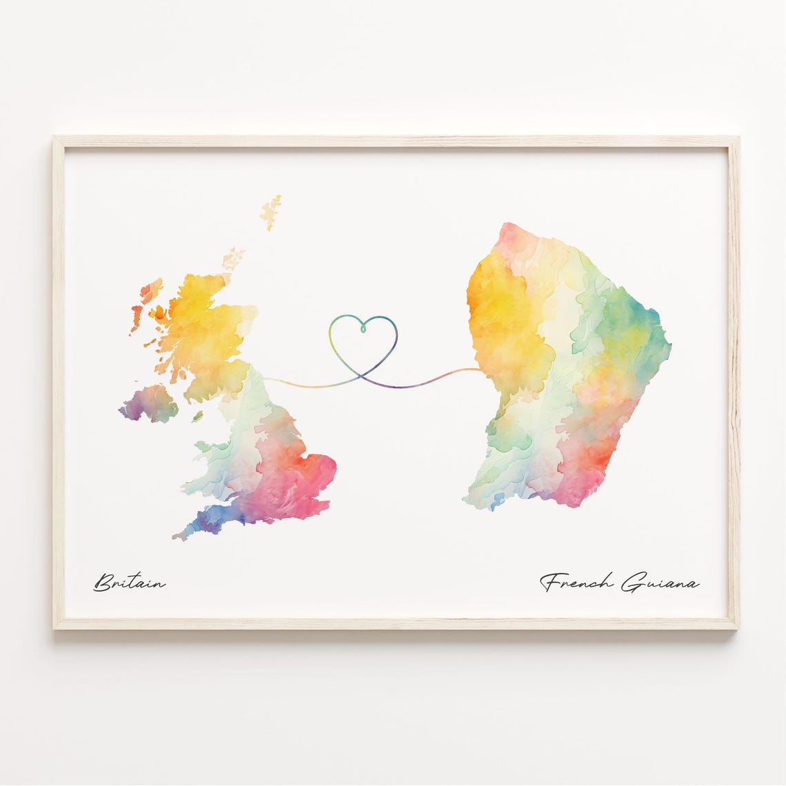 Britain French Guiana Watercolor Heart Map Long Distance Love Poster
