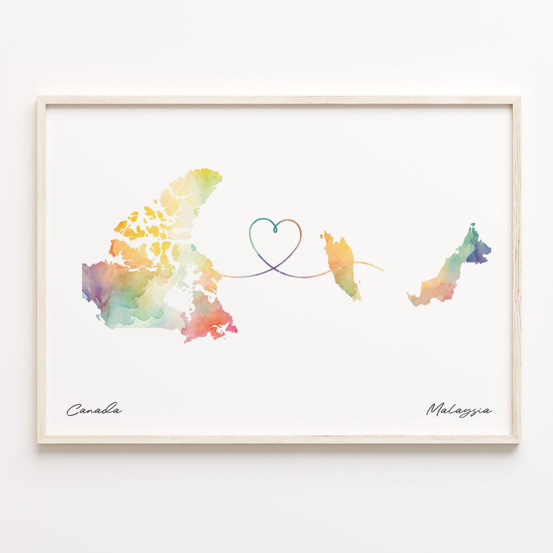 Canada To Malaysia Watercolor Map Heart Connection Couple Art Poster