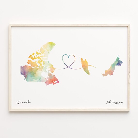 Canada To Malaysia Watercolor Map Heart Connection Couple Art Poster