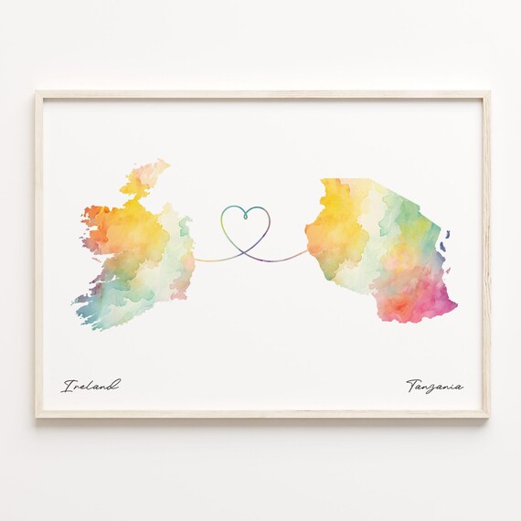 Ireland to Tanzania Watercolor Heart Map Long Distance Poster