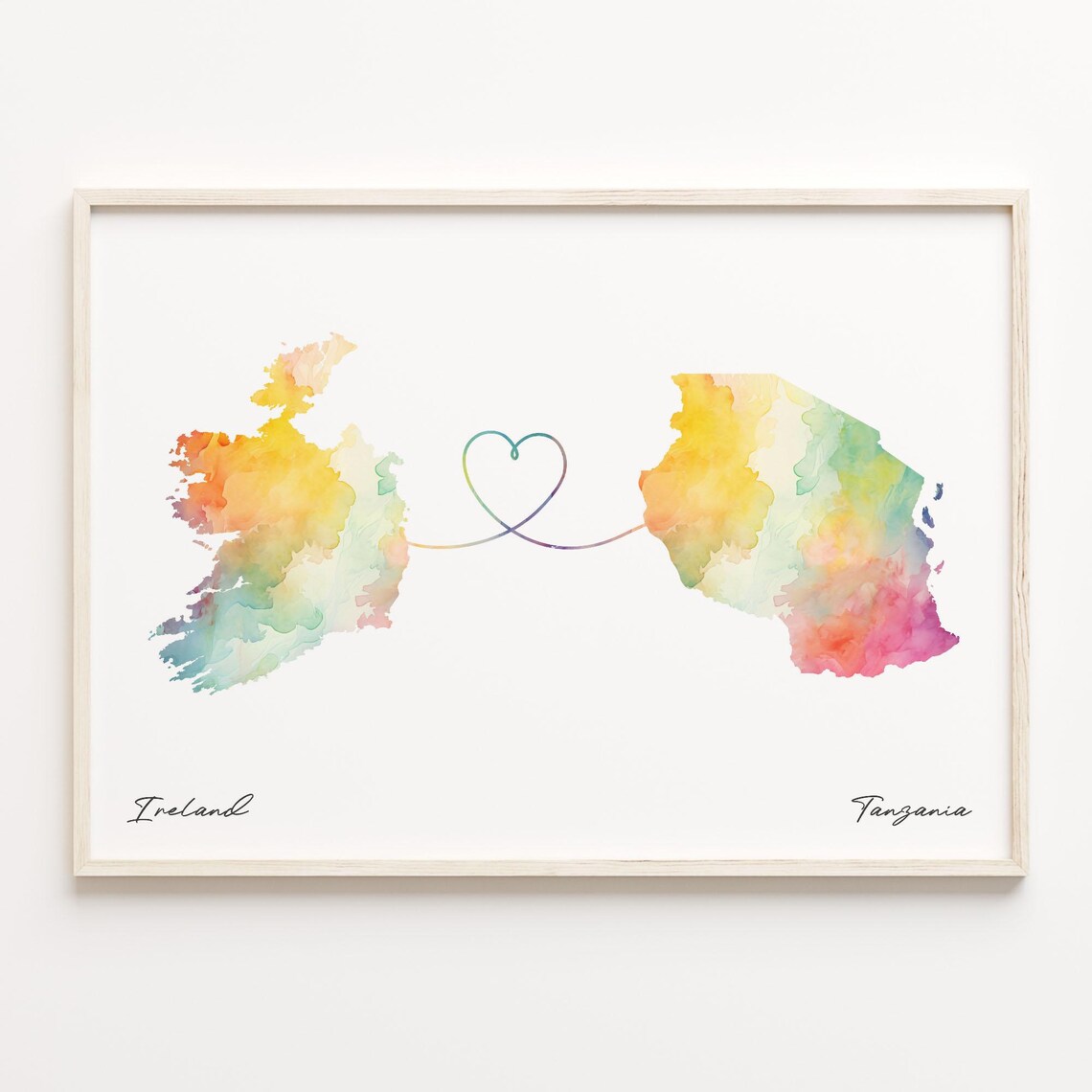 Ireland to Tanzania Watercolor Heart Map Long Distance Poster